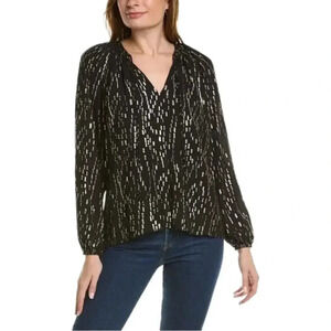RAMY BROOK Wirth Blouse Black Gold V Neck Top Long Sleeve Small